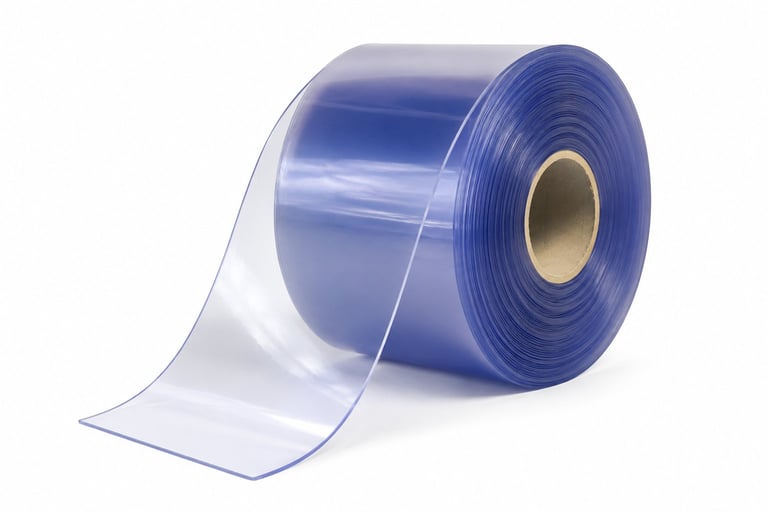 Roll of blue clear polyethylene tape with partially unrolled portion showing against white background
