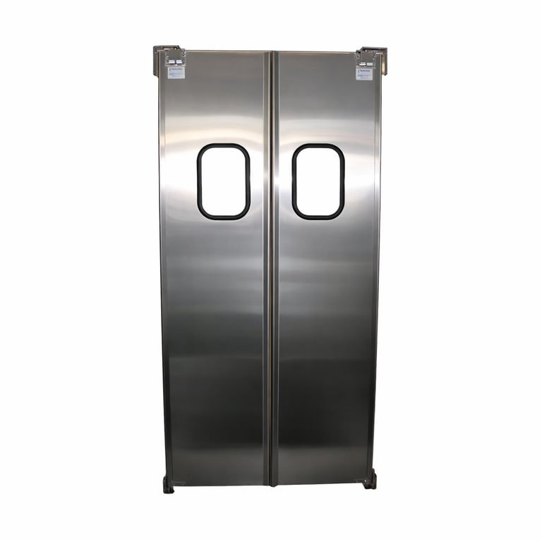 Stainless steel side-by-side refrigerator with double doors and rounded black handles