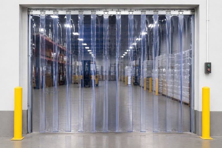 Clear vinyl strip curtain door entrance with yellow safety posts flanking the opening in an industrial warehouse